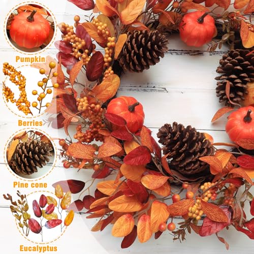 26 Inch Fall Wreath with Lights & Timer for Front Door - Autumn Pumpkin, Eucalyptus, Pinecones
