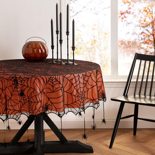 Halloween Spider Lace Tablecloth - Black, 70-Inch Round, Contemporary Style