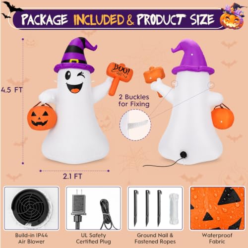 4.5 FT Halloween Ghost Inflatable with Pumpkin and LED Lights Outdoor Yard Decor