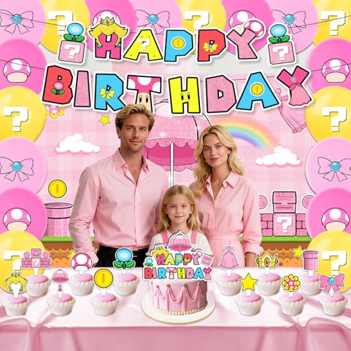 Multicolor Peach Party Decorations Set - Birthday Banner Cake Topper Balloons