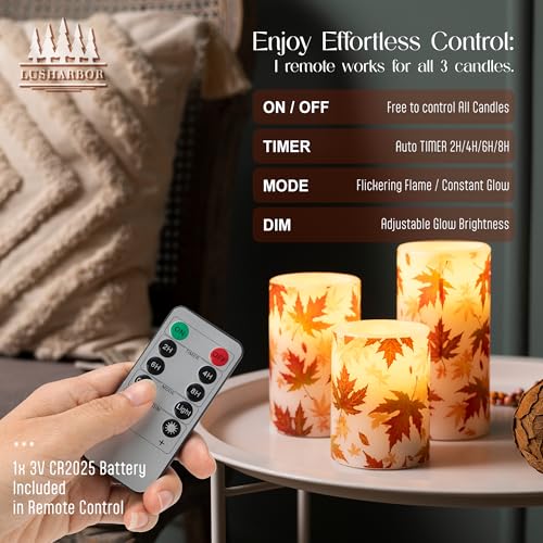 Fall Flameless Candles with Remote Control, Maple-Wax Autumn Set of 3