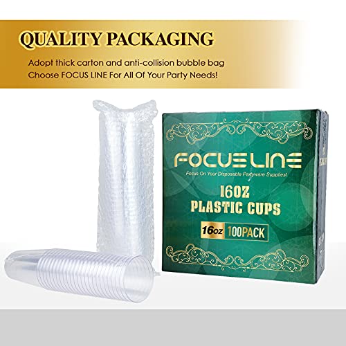 FOCUSLINE 16 oz Clear Plastic Cups - 100 Pack Disposable Tumblers for Parties
