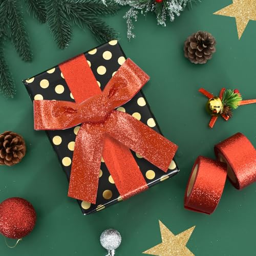 Red Glitter Ribbon 1.5 Inch Wide - Sparkling Gift Wrap & Craft Decoration, 2 Rolls of 10 Yards