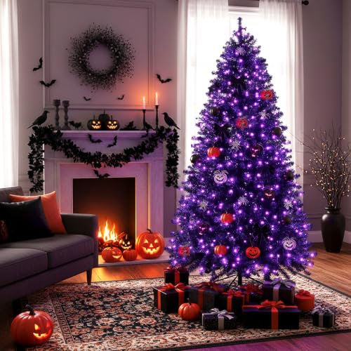 Black 6ft Artificial Christmas Tree with Purple LED Lights, Full Branch Tips & Metal Stand - Halloween & Holiday Decor