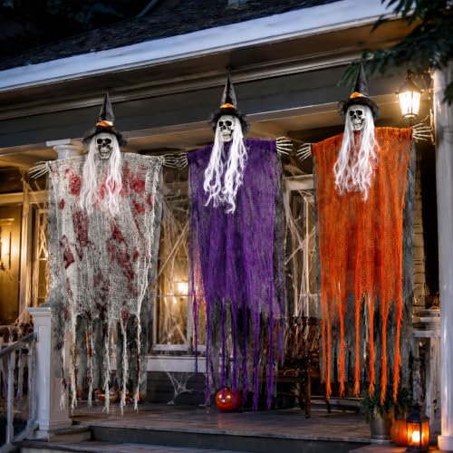 Halloween Skeleton Decorations Set - Red & Orange 43 Inch Hanging Spooky Decor with Poseable Arms for Porch Yard & Party