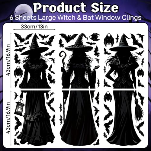 Large Black Witch Window Cling Stickers - Halloween Decoration, 6 Sheets - Variation: Large Black Witches