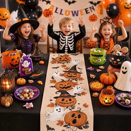 Halloween Pumpkin Ghost Fall Table Runner 13x72 Inch for Autumn Dining Decor - Variation of Pumpkin