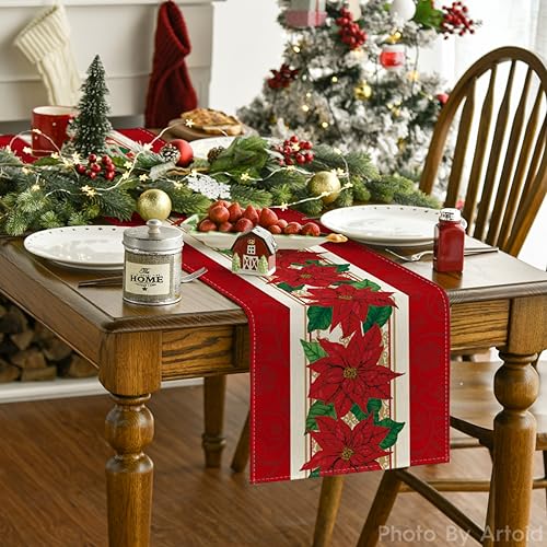 Christmas Poinsettia Table Runner 13x48 Inch Holiday Home Decor - Red