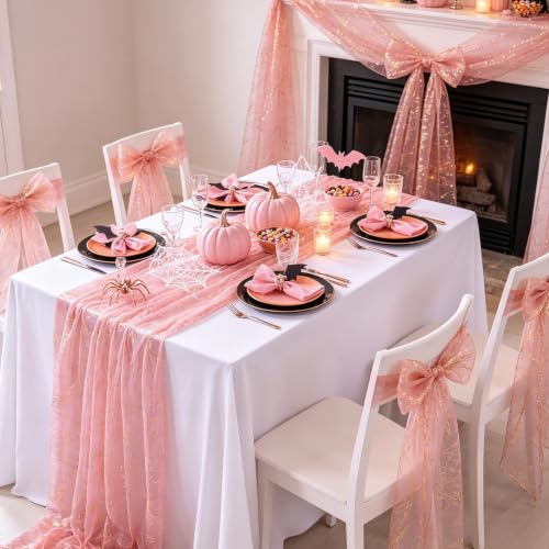 Pink Halloween Gauze Table Runner 120 Inch 3 Pieces - Gold Foil Design, Cracks Pink Gold / 28x120