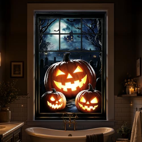 Halloween Window Cover Decor Bunny Chorus Spooky Pumpkin Graveyard Scene - 32x48 Inches