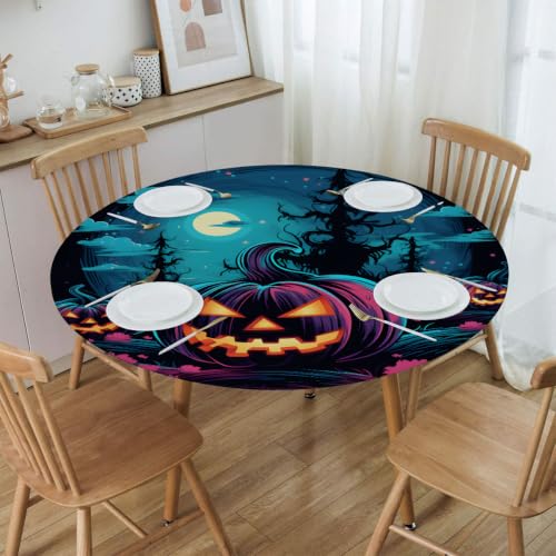 50-Inch Glowing Pumpkin Fitted Waterproof Round Tablecloth for Halloween Parties