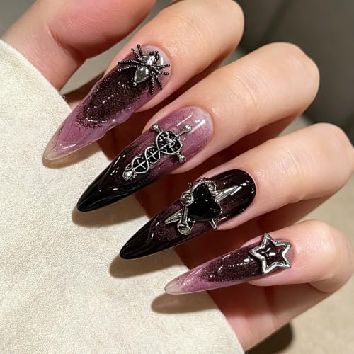 Pink and Black Gothic Stiletto Nails with 3D Cross & Charms - Long Press-On Set (L)