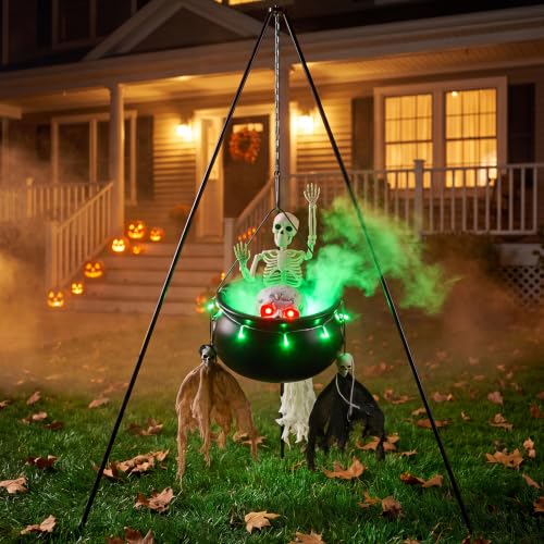 Outdoor Halloween Cauldron Decoration with Skeletons & Green Light - 53" Tripod Frame