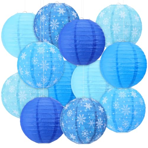 Panelee 12 Pcs Winter Snowflake Paper Lanterns - Blue 8 Inch Hanging Holiday Decor with Variation Blue Snowflake