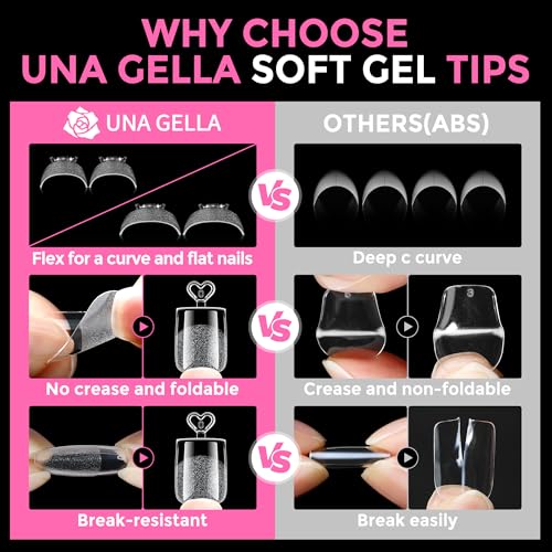UNA GELLA Extra Short Sharp Square Nail Tips 216Pcs - Precise Fit & Pre-Buffed Clear Fake Nails for DIY & Salon Manicure
