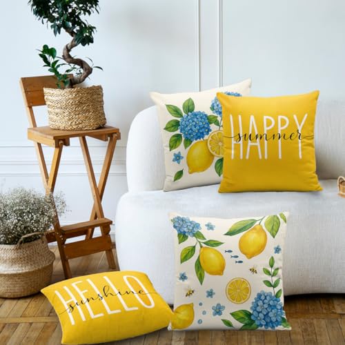 18x18 Summer Lemon Throw Pillow Covers Set of 4 - Farmhouse Home Decor