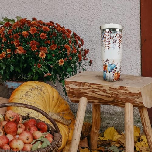 30oz Fall Tumbler with Handle & Flip Straw - White Blue Pumpkin & Maple Leaf Design