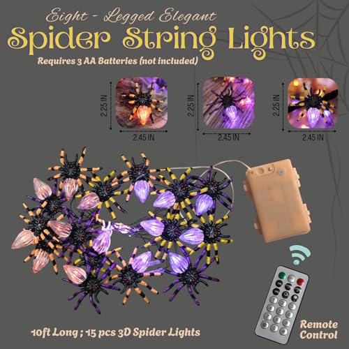 Halloween Spider String Lights 10FT 15 LED Waterproof Fairy Lights with Remote