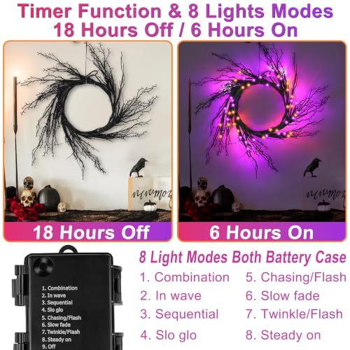 9 Ft Halloween Willow Vine Garland with Orange & Purple LED Lights - Set 1, Black Decor, Timer & 8 Modes