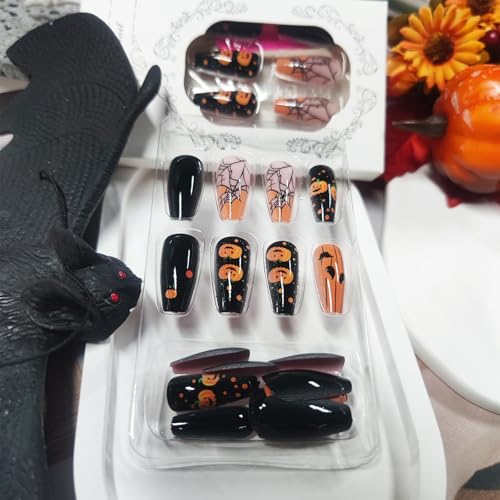 Halloween Press On Nails Set - Black Spider Web Coffin Fake Nails with Pumpkins & Ghosts - 24Pcs - Variation 64
