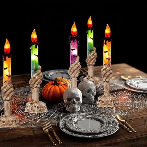 Halloween Skull Candle Stakes Set - 10 Pack Outdoor Waterproof Pathway Decor with Timer - Orange, Purple, Green