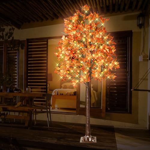 2 Pack 6FT Lighted Maple Tree with 130 LED Lights & Autumn Decor - Remote