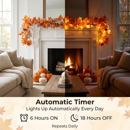 6 FT Fall Garland with Lights - Autumn Decor with Timer - Orange