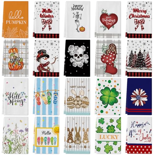 Seasonal Kitchen Towels and Dishcloths Set - 20 Pack, 18x26 Inches