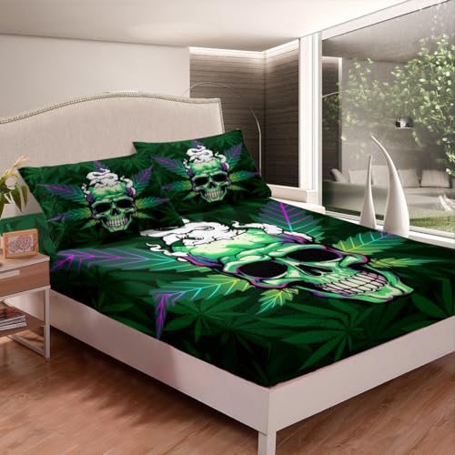 Leaves Bed Sheets Set - Green Sugar Skull Pattern Queen Size Multi 13