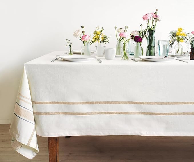 Beige Cotton Striped Tablecloth 63x126 Inch Farmhouse Rectangular Cover with Variation