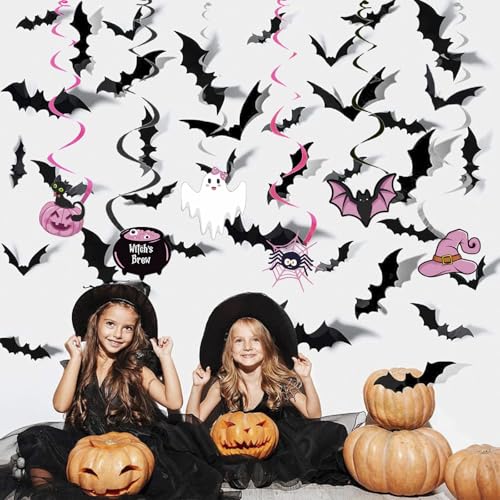 Halloween Decorations Banner Swirls Bat Cake Toppers Party Kit Pink Black
