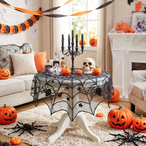 40-Inch Halloween Spider Web Round Tablecloth - Black Lace Spooky Decor