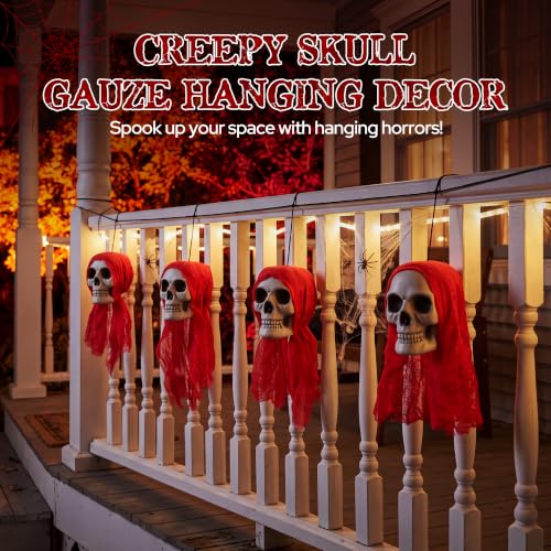 Large 4 Piece Hanging Skull Heads Halloween Decorations on String - Creepy Outdoor Graveyard Decor