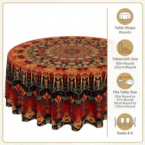 Orange Bohemia Round Tablecloth 60in - Boho Polyester Cover for Dining & Events