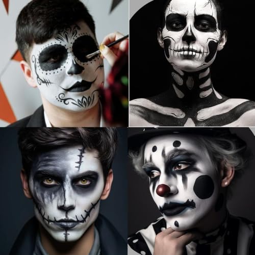 Black White Face Body Paint Kit with Brush - Waterproof Halloween Makeup - Variation: Black-White