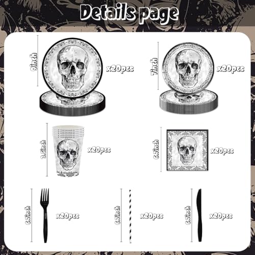 Skull Party Supplies Set for 20 Guests - Halloween Birthday Tableware
