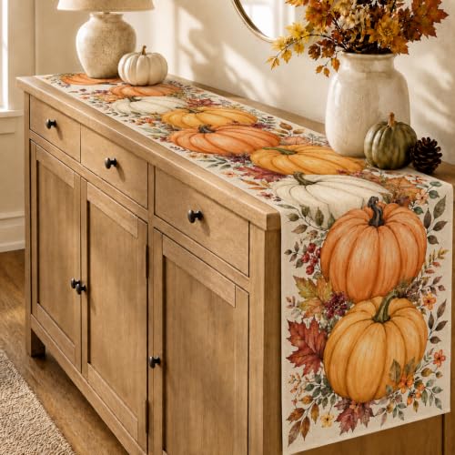 Fall Pumpkin Table Runner - 13x72 Inches for Farmhouse Kitchen Decor - Variation of Fall Big Pumpkin