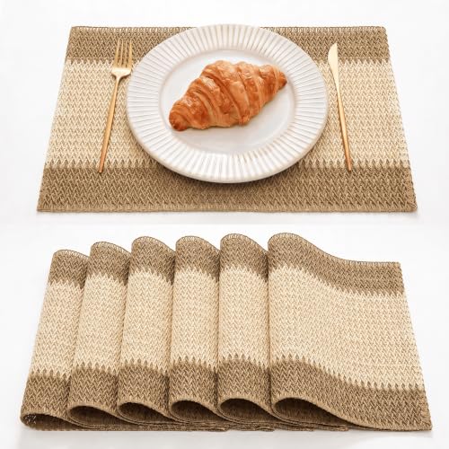 Set of 6 Woven Stripe Burlap Brown Paper Placemats 12x18 Inch
