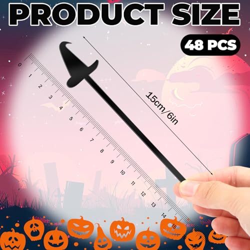48 Pack Witch Hat Cocktail Stir Sticks - Black Plastic Drink Mixers, Party Supplies