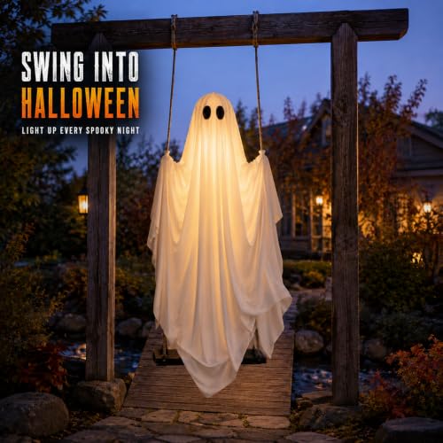 5 Ft Halloween Hanging Ghost Swing Decoration with LED Lights, Remote & Timer