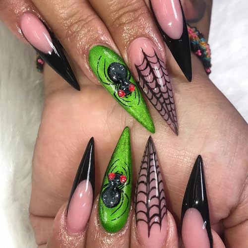Long Black French Tip Stiletto Press On Nails with Green Black Variation - 24pcs Halloween Web Design
