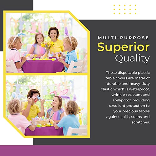 Purple Round Plastic Tablecloth 84 x 84 Inches - Pack of 6, Disposable & Wrinkle-Resistant