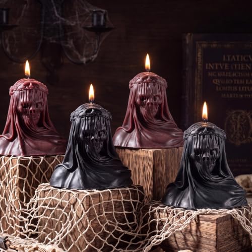 Halloween Skull Candles - Gothic Veiled Skeleton Decor, Red & Black Set