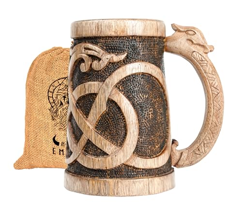 Norse Empire Wooden Beer Mug 20Oz Urnes Style Handcrafted Viking Gift - Carved Mug Variation