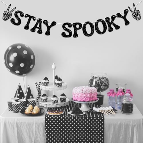 Halloween Banner Stay Spooky Skeleton Peace Sign Glitter Decor - Black