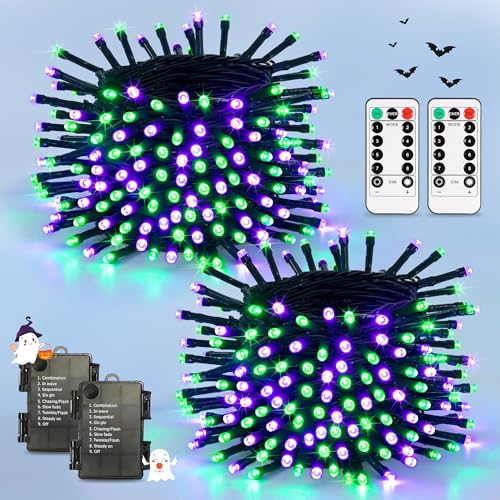 Purple and Green Halloween String Lights 2 Pack - Battery Operated & Remote Control