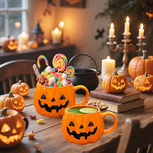 Halloween Pumpkin Mug 3D Ceramic Cup Spooky Fall Decor Gift - Orange