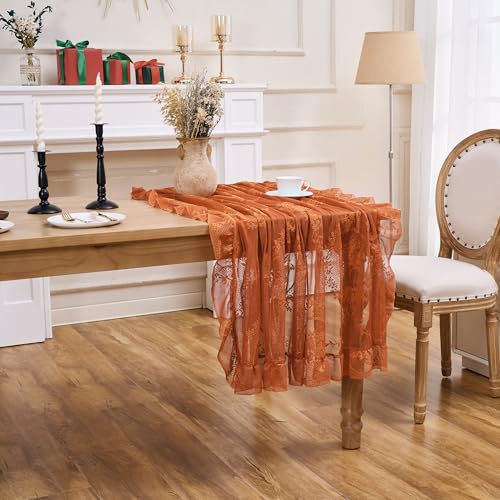Vintage Lace Square Tablecloth - Orange 55x55 Inches with Ruffled Edge