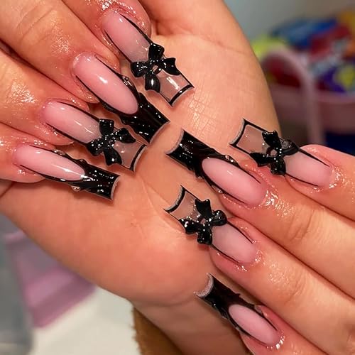 BABALAL ANV05 Long Square Fake Nails Black Goth French Tip 3D Texture Set - Bow Charm 24Pcs
