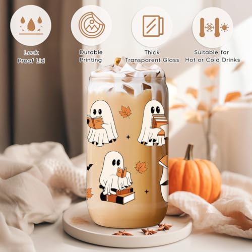 Halloween Ghost Bookish Glass Tumbler - 16oz Spooky Fall Coffee Mug